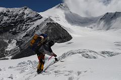 08 Climbing Sherpa Lal Singh Tamang Places Wands In The Broken Up East Rongbuk Glacier On The Way To Lhakpa Ri Camp I